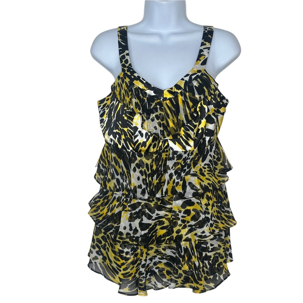 Cache Ruffle Tiered Cami Small Yellow Black Animal Print Leopard Tiger Tank Top